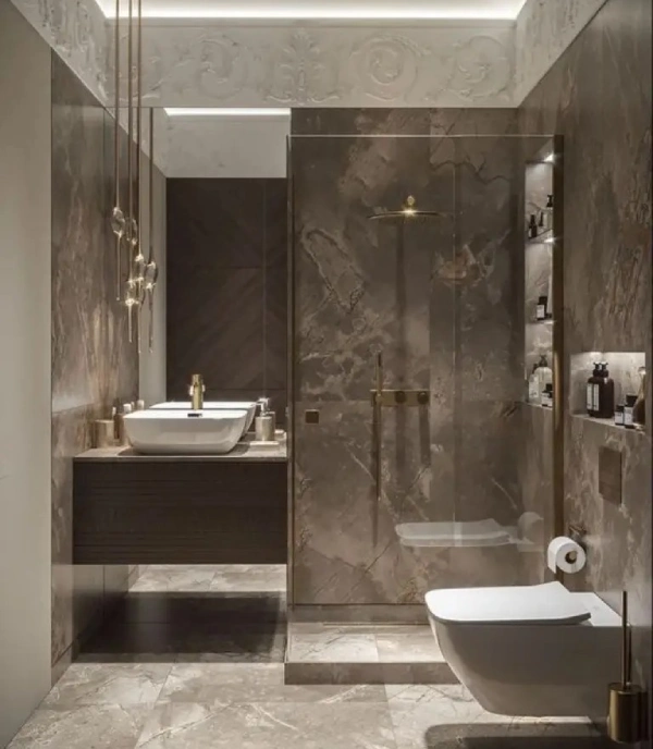 Modern bathroom with wash basin area, separate shower, mirror, and marble luxury interior design