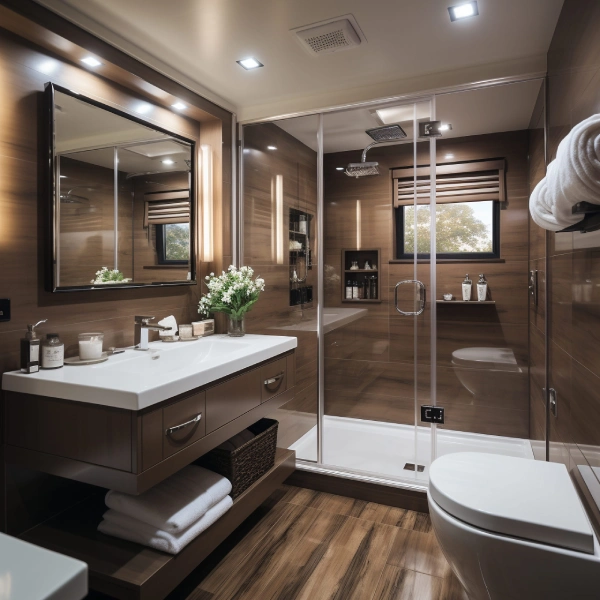 Modern small bathroom with commode, shower area, wooden tiles, vanity sink, and mirror design